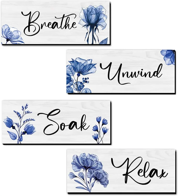 CELIVESGG 4 Pieces Bathroom Wall Decor, Blue, Flower Wall Art Wooden