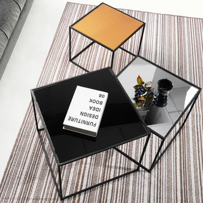 3-Piece, Mirror Top, Nesting Coffee Table Set in Black Steel Tube