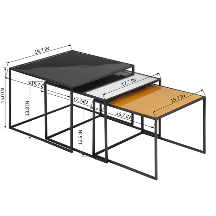 3-Piece, Mirror Top, Nesting Coffee Table Set in Black Steel Tube - Image 3