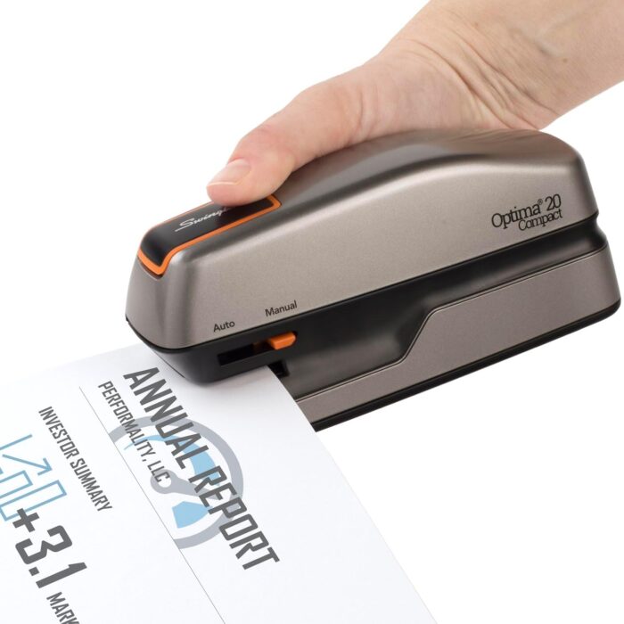 Swingline Electric Stapler, 20 Sheet Capacity, Optima 20, Jam Free, Compact, Automatic or Manual, Plug In or Battery, Orange and Gray (48207) - Image 3
