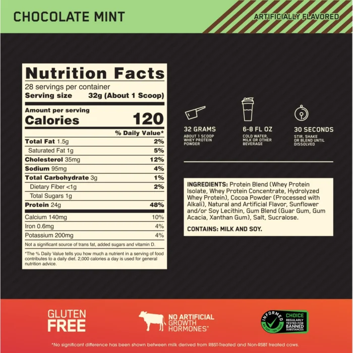 Optimum Nutrition, Gold Standard 100% Whey Protein Powder, 24g Protein, Chocolate Mint, 1.98 lb - Image 2