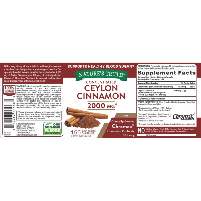 Nature's Truth Concentrated Ceylon Cinnamon 2,000 mg Capsules (150 ct.) - Image 3